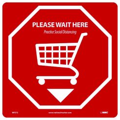 NATIONAL MARKER COMPANY WFS72A 12” x 12” PLEASE WAIT HERE - SOCIAL DISTANCING FLOOR SIGN, PRESSURE SENSITIVE VINYL